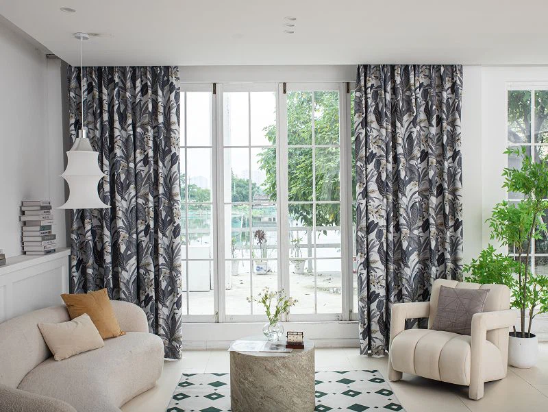 Плат за завеси от просо и лен с шарка на големи листа